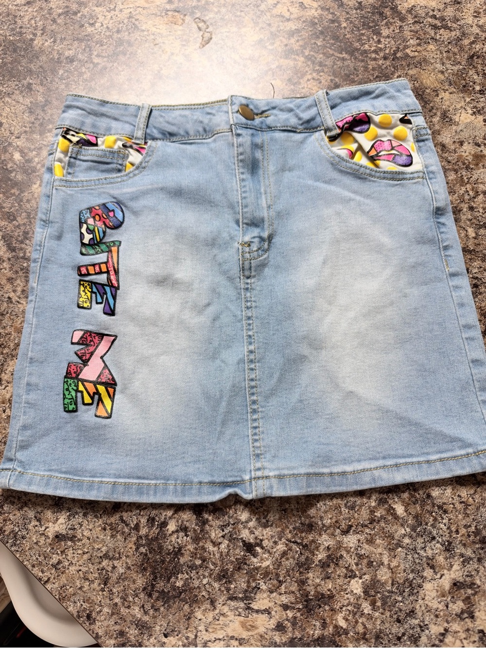 Fashion Nova Light Blue Denim Mini Skirt with Colorful Patch Letters